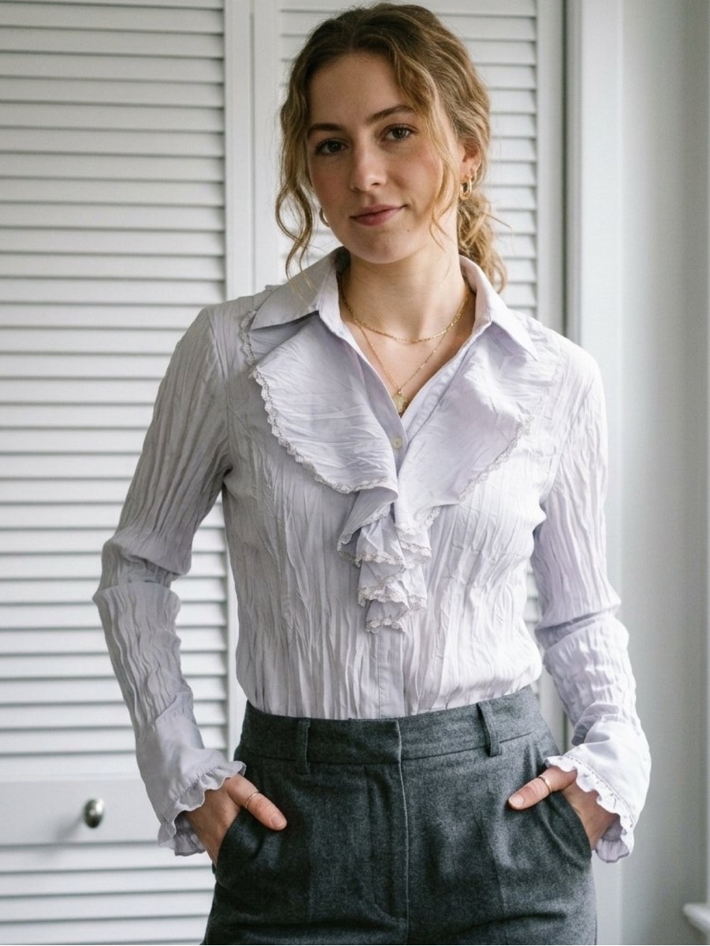 Jessica Lavender-White Ruffled Front Long-Sleeve Blouse